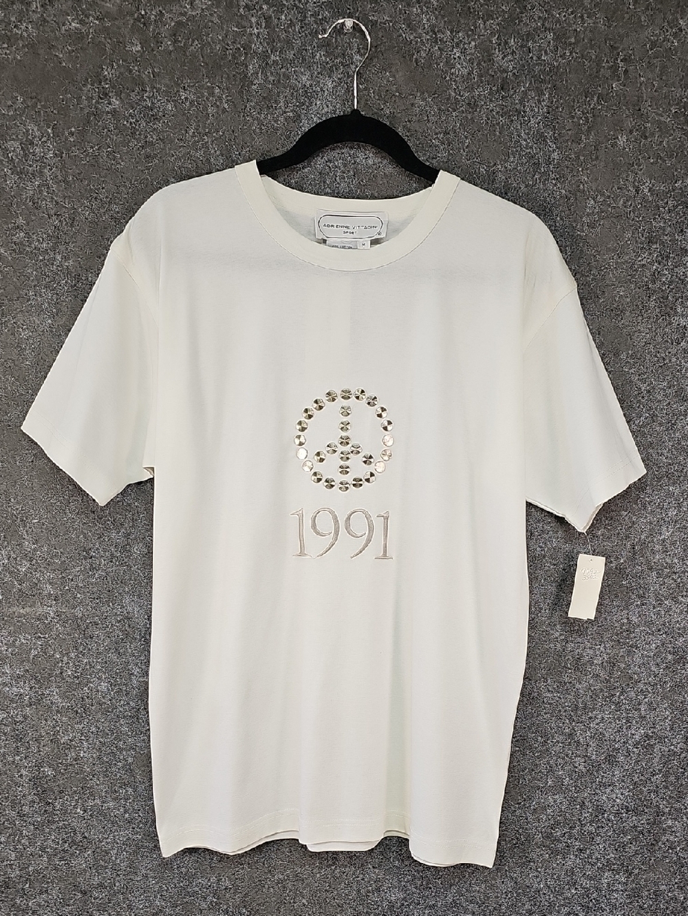 Vtg 90s Adrienne Vittadini Studded Peace Sign 1991 Tee, White, Size Med, NEW
